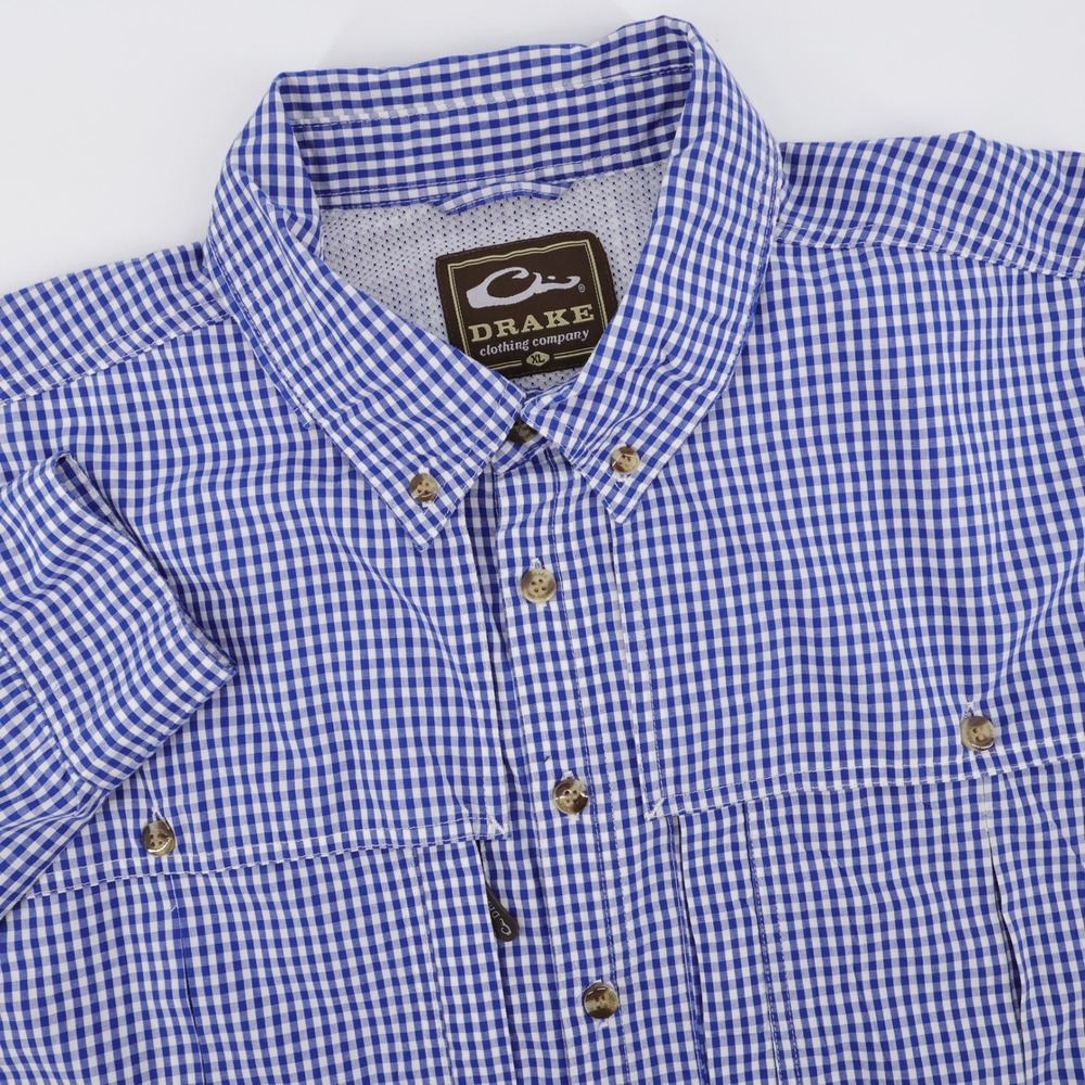 Drake Gingham Check Vented Plaid Fishing Shirt Blue White Long Sleeve Mens XL
